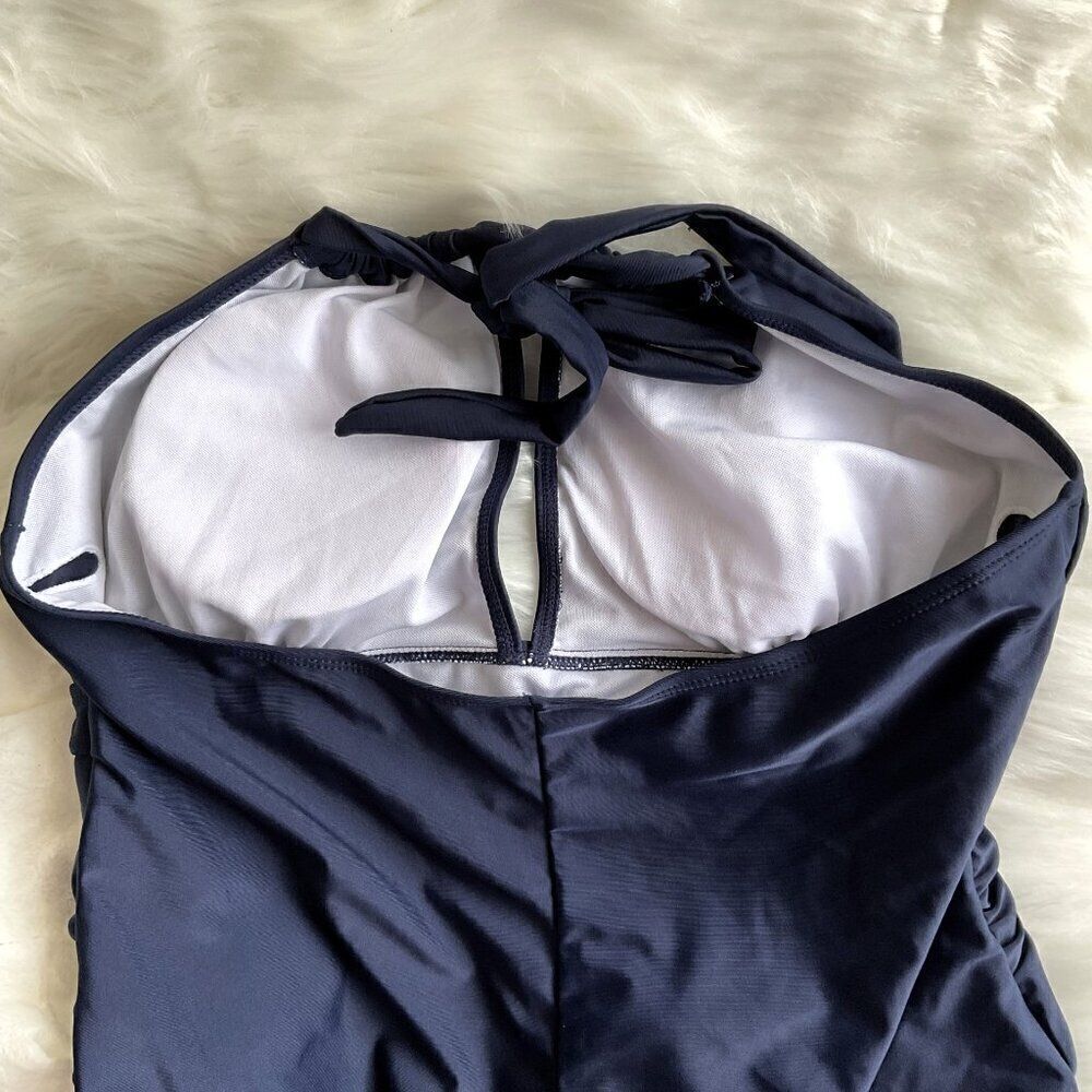 NEW Navy Cutout Halter Plunge Ruched One Piece Swimsuit - Picture 5 of 7